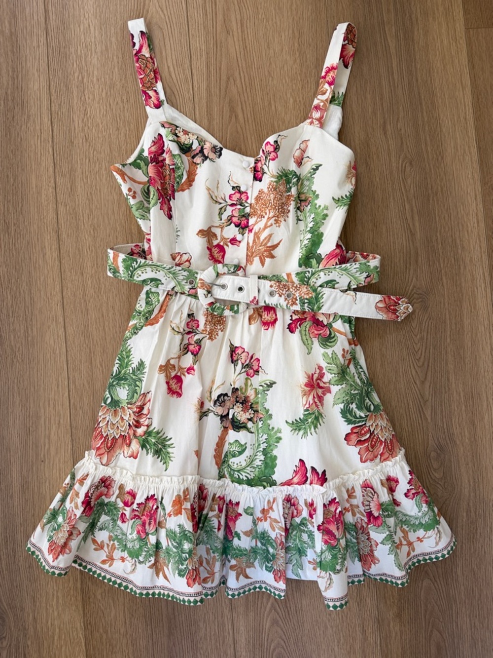 Caroline Constas Cream Floral Belted Sundress with Pink & Green Accents